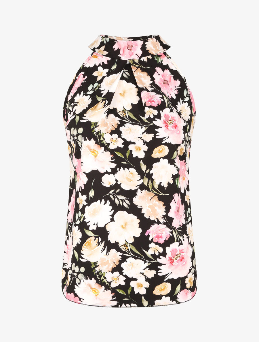 Top à col américain imprimé pivoines style aquarelle - Noir - 4