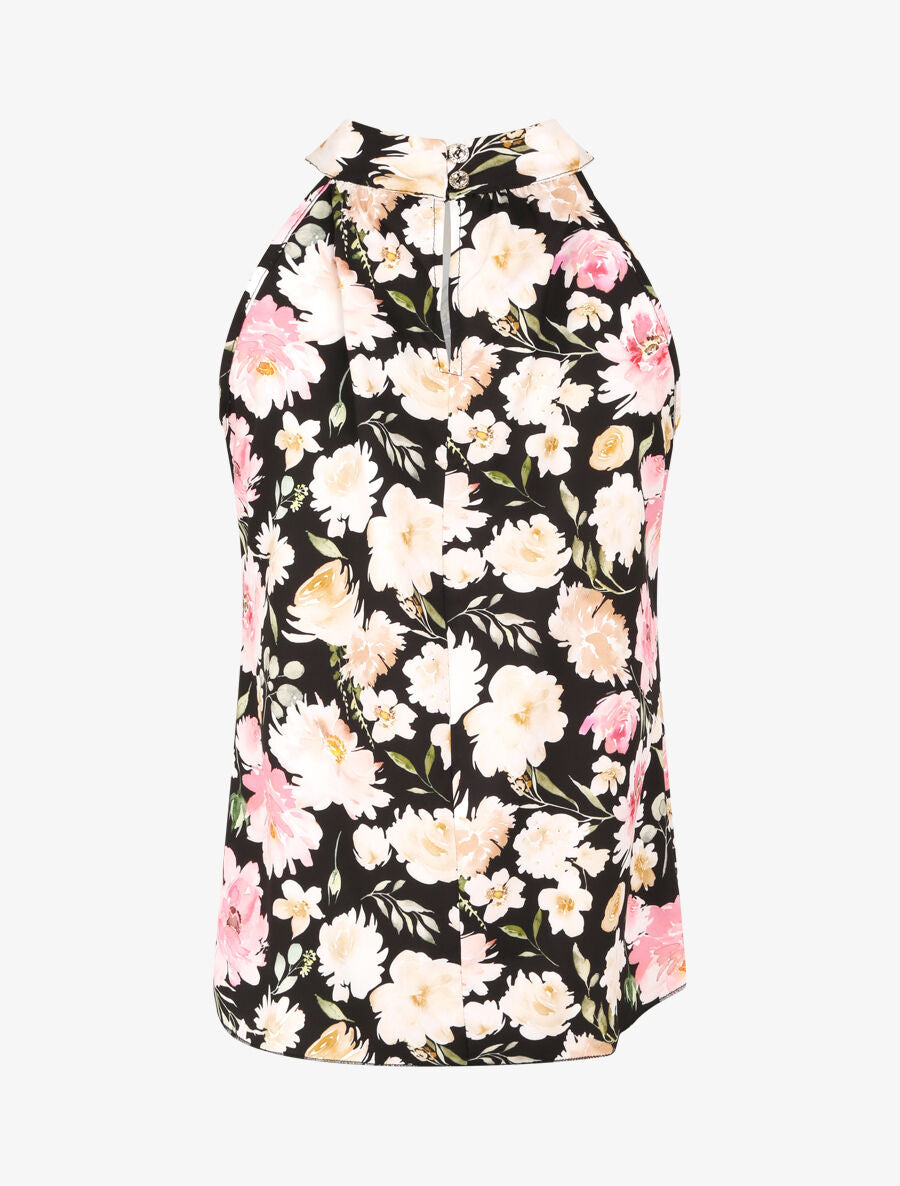Top à col américain imprimé pivoines style aquarelle - Noir - 2