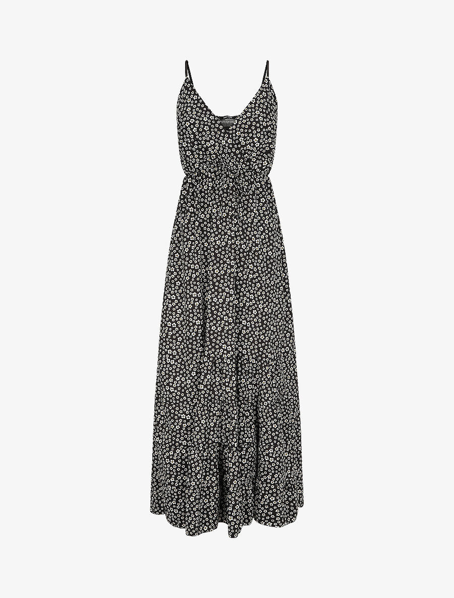 Robe longue à imprimé floral et bord volanté - Noir - 1