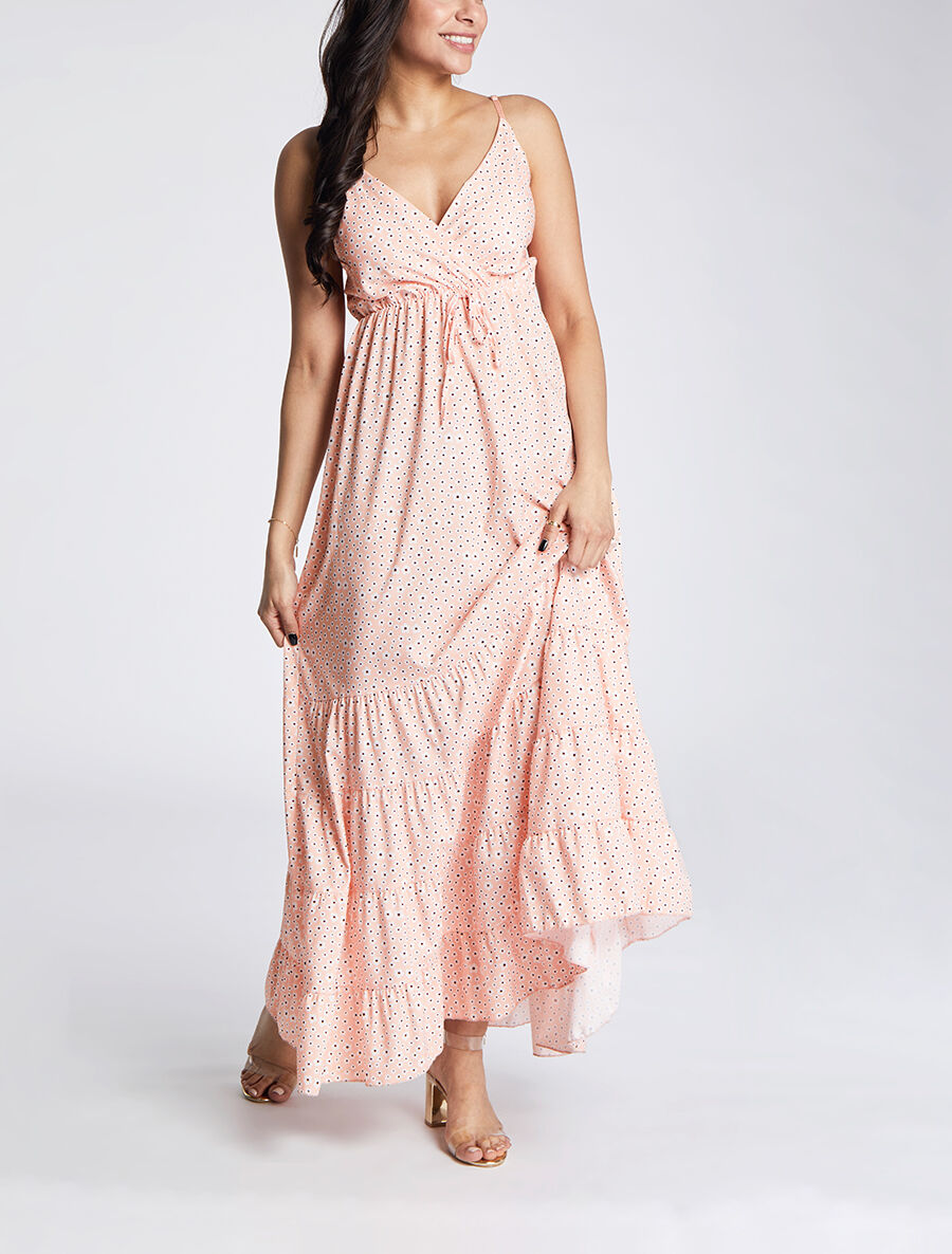 Robe longue à imprimé floral et bord volanté - Rose saumon - 4