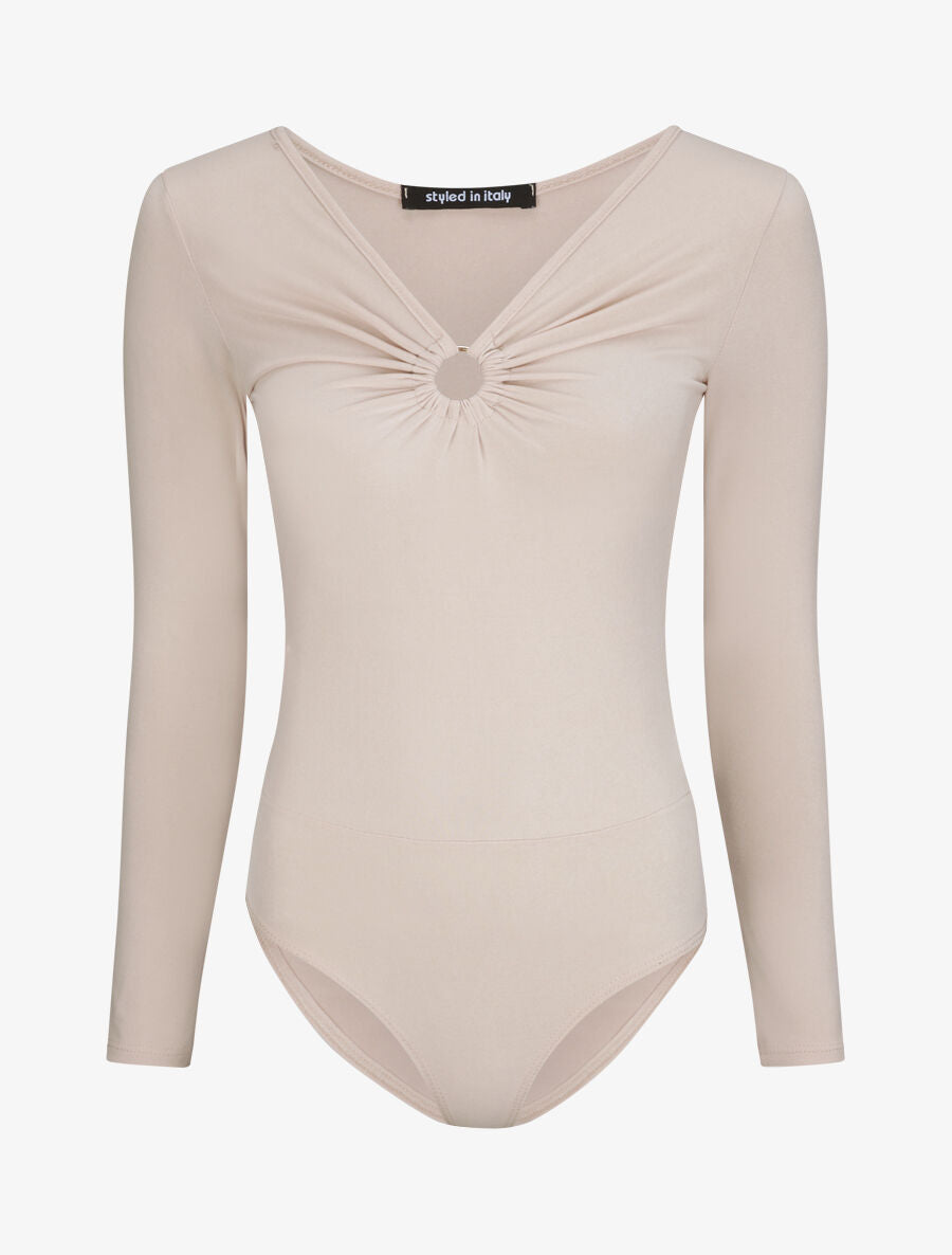 Body à col V à détail anneau - Beige - 4