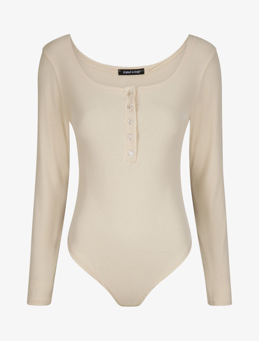 Body ajusté et côtelé à manches longues - Beige - 4