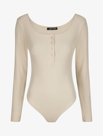 Body ajusté et côtelé à manches longues - Beige - 4
