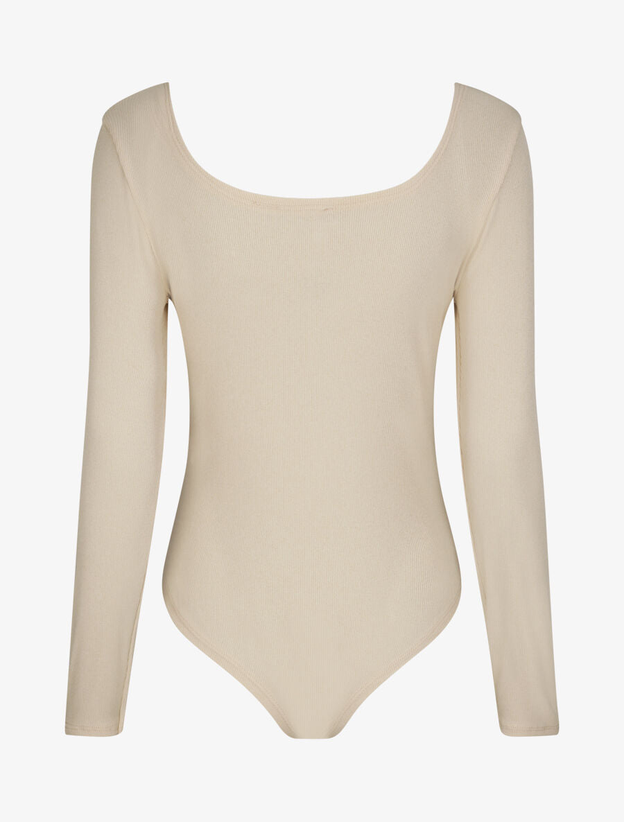 Body ajusté et côtelé à manches longues - Beige - 2