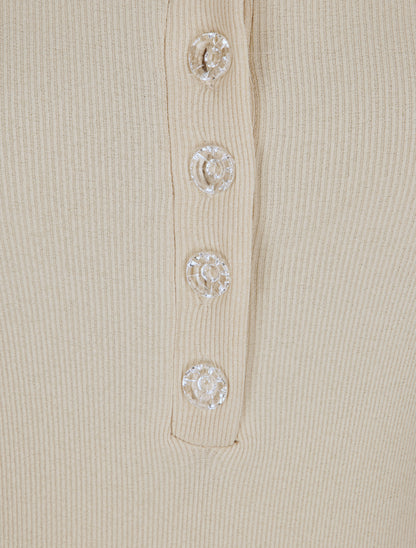 Body ajusté et côtelé à manches longues - Beige - 3