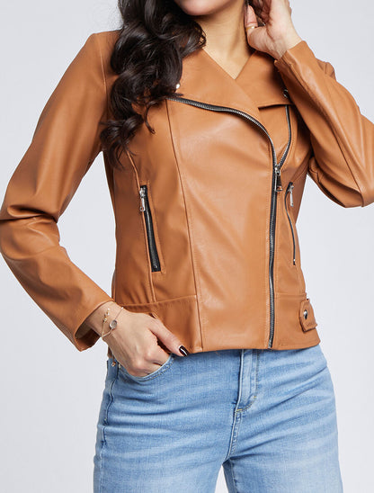 Perfecto droit en simili à poches zippées - Camel - 4