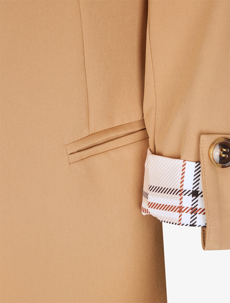 Blazer droit uni manches 3/4 à revers carreaux - Camel - 3