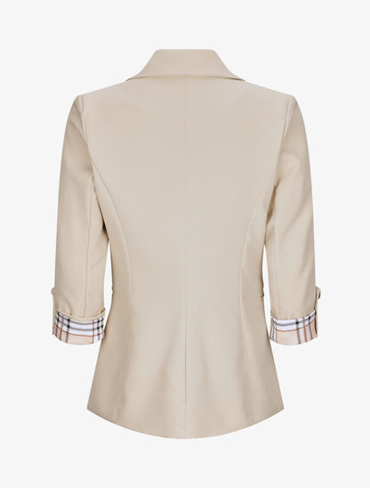 Blazer droit uni manches 3/4 à revers carreaux - Beige - 2