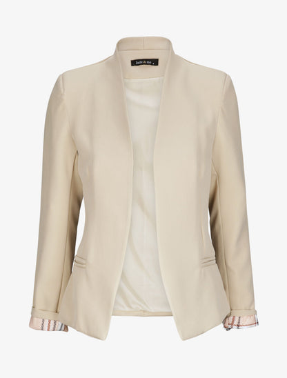 Veste droite unie manches longues à revers carreaux - Beige - 4