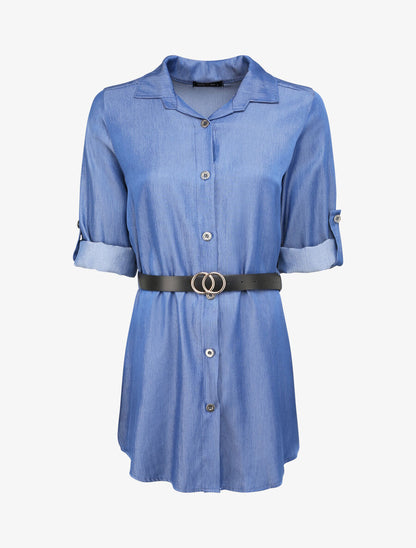 Robe chemise droite unie - Bleu denim - 1