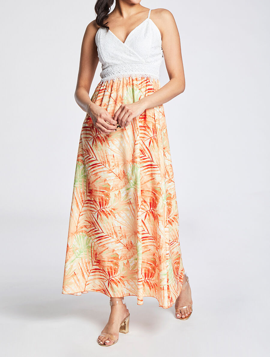Robe longue empire imprimé plantes tropicales et buste dentelle - Jaune - 4