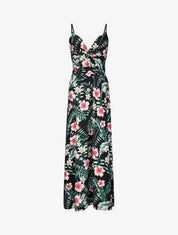 Robe longue évasée imprimé hibiscus col à noeud - Noir - 4