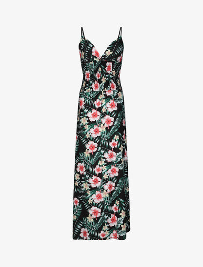 Robe longue évasée imprimé hibiscus col à noeud - Noir - 2