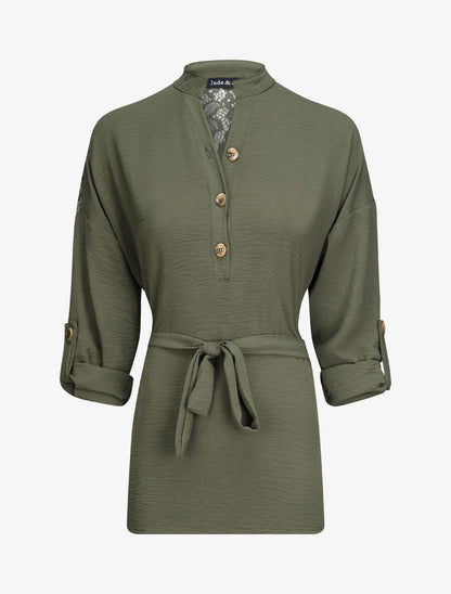Tunique style chemise à détail dentelle - Kaki - 4