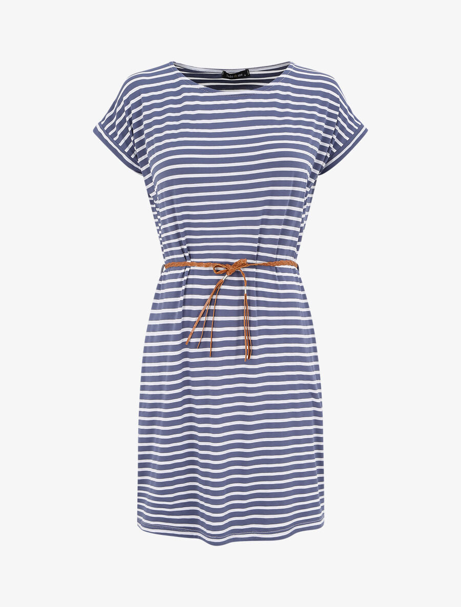 Robe courte droite rayée à manches courtes - Bleu - 1