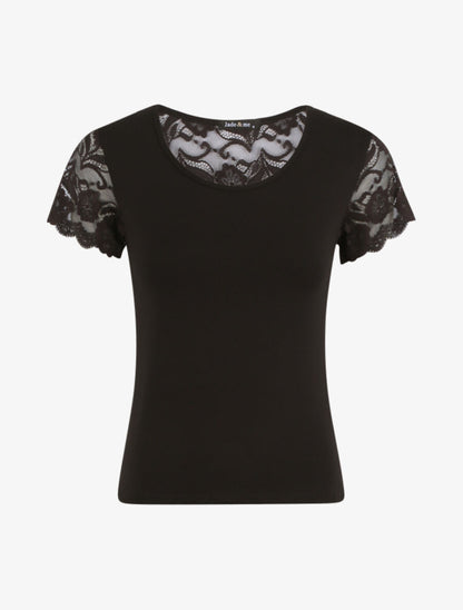 T-shirt ajusté à épaules en dentelle - Noir - 4