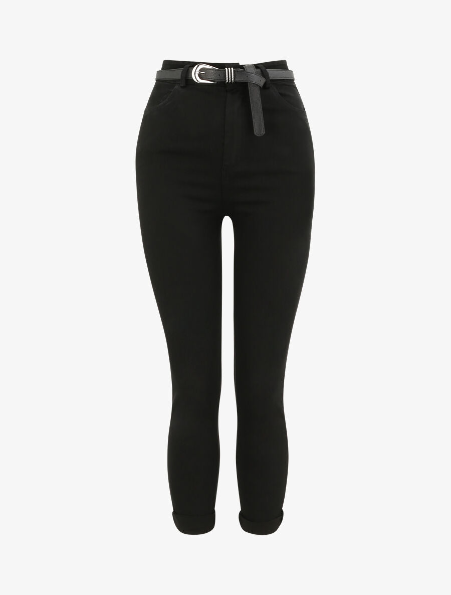Pantalon uni à revers - Noir - 4