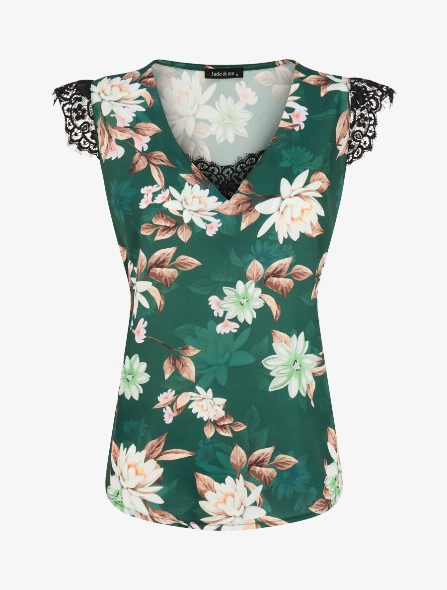 Top satiné imprimé fleurs de lotus à détail dentelle - Vert émeraude - 1