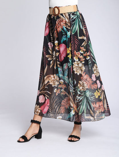 Jupe longue en voile imprimé fleurs tropicales - Noir - 4