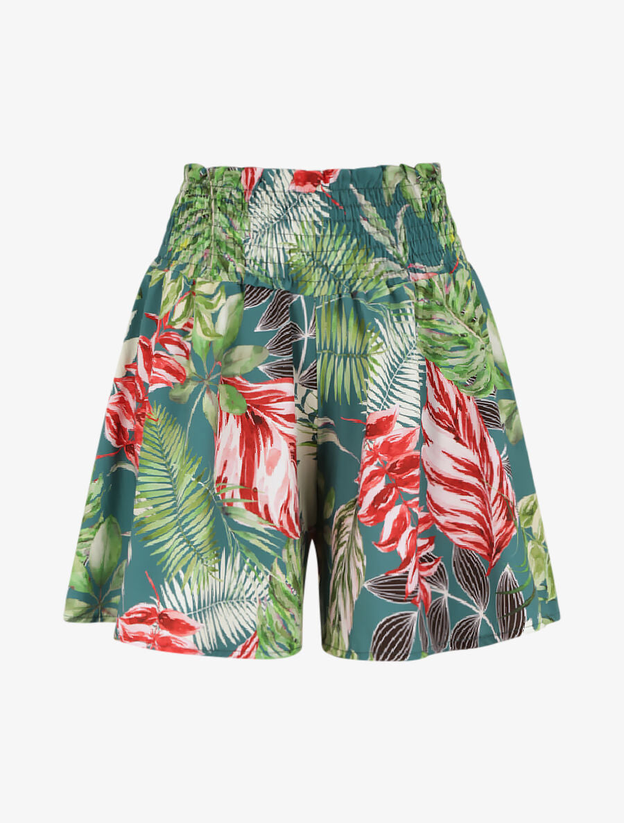 Short fluide évasé à imprimé tropical - Bleu canard - 1