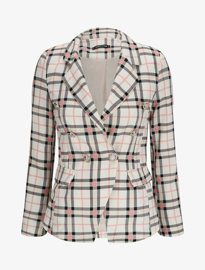 Blazer croisé à épaulettes imprimé carreaux - Beige - 1