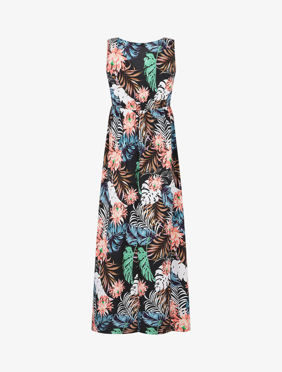 Robe longue col V torsadé imprimé tropical - Noir - 2
