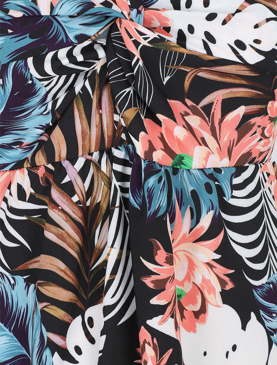 Robe longue col V torsadé imprimé tropical - Noir - 3
