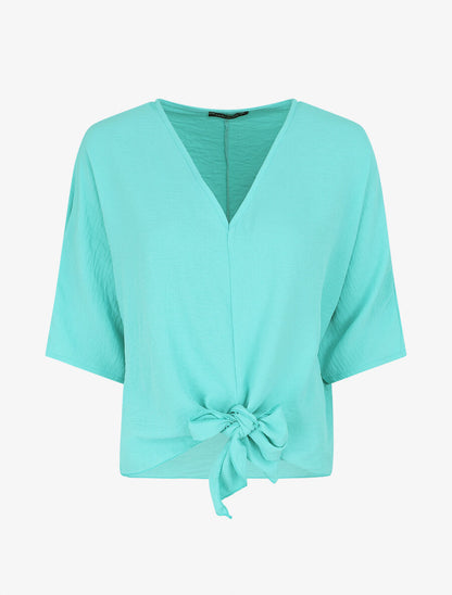Blouse ample unie à liens à nouer - Turquoise - 1