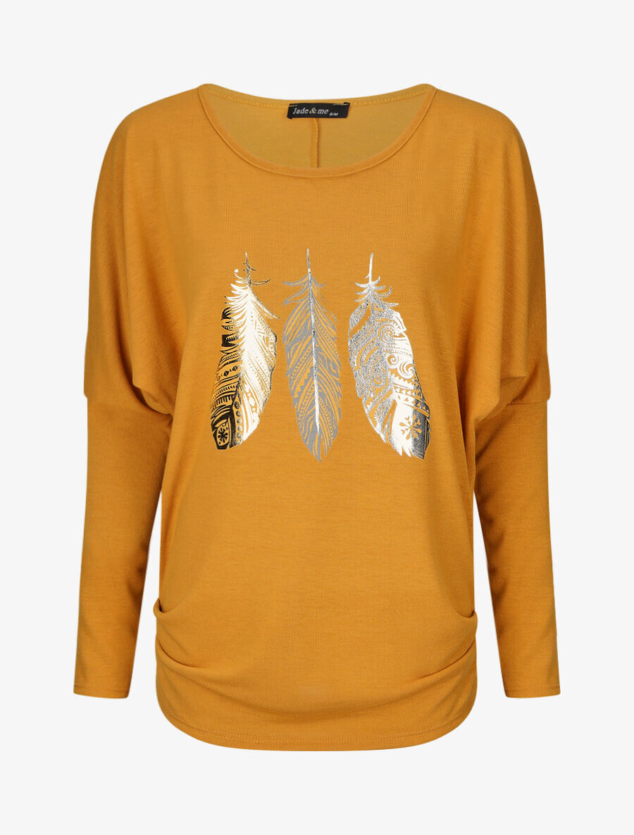 Pull ample à motif plumes irisées - Moutarde - 4