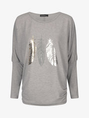 Pull ample à motif plumes irisées - Gris - 1