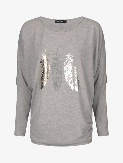 Pull ample à motif plumes irisées - Gris - 1