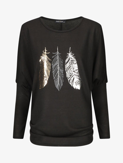 Pull ample à motif plumes irisées - Noir - 1