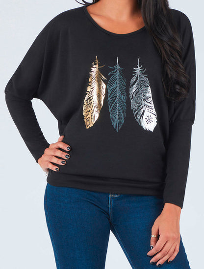 Pull ample à motif plumes irisées - Noir - 4