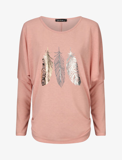Pull ample à motif plumes irisées - Rose - 1