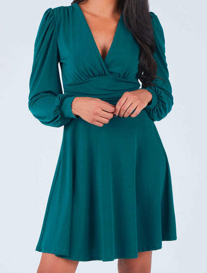 Robe patineuse à col cache-coeur - Bleu canard - 1