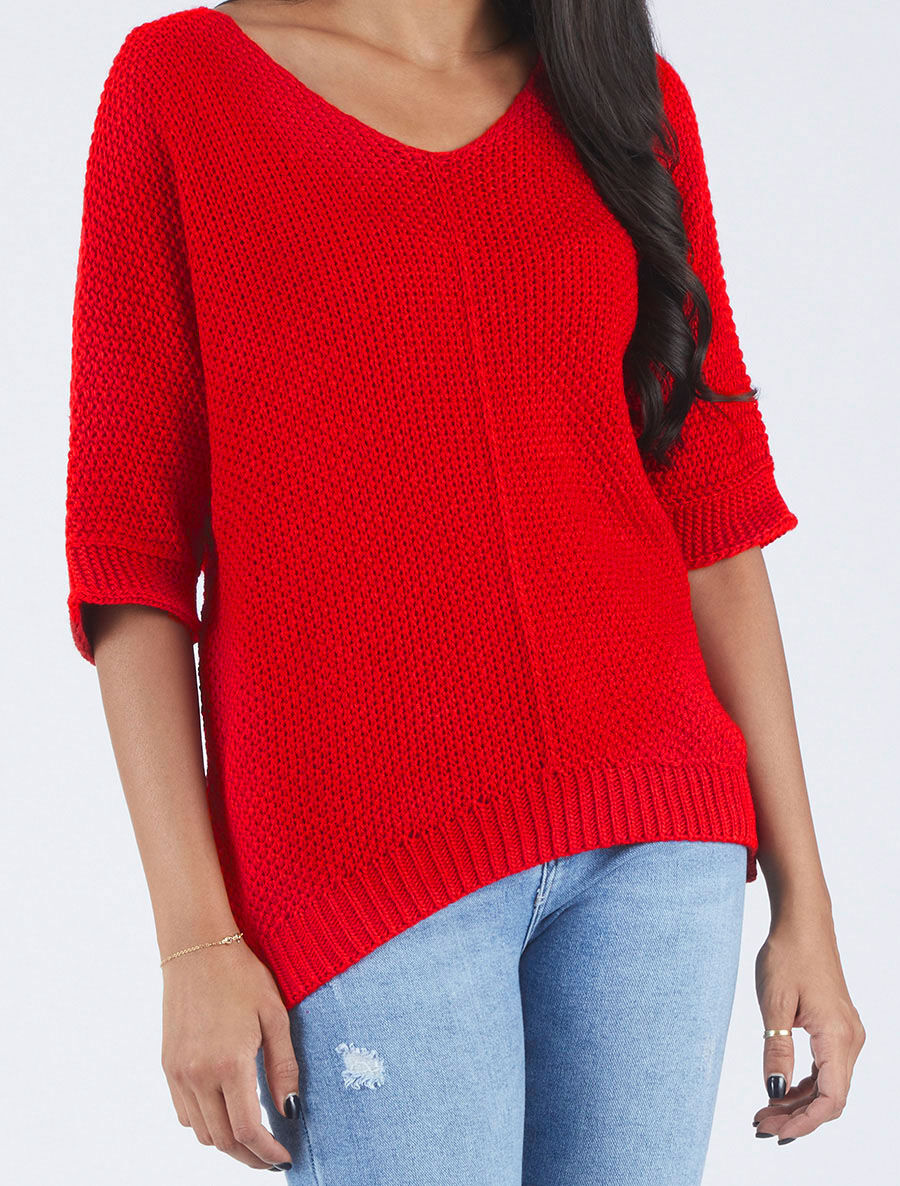 Pull grosse maille à manches 3/4 - Rouge - 4