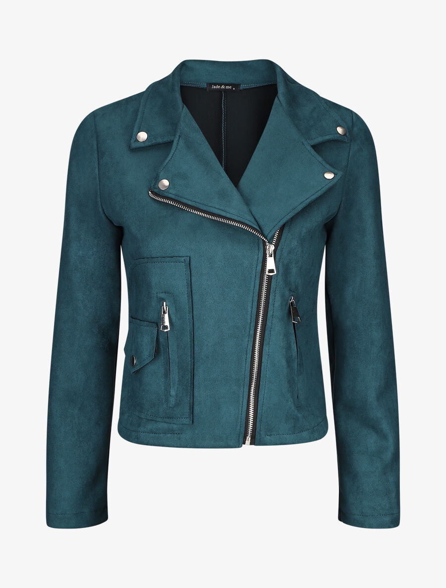 Veste style perfecto zippée en suédine - Bleu canard - 1