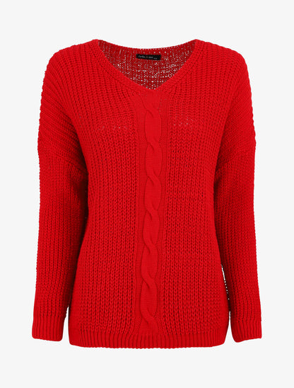 Pull uni à col V et torsade - Rouge - 5