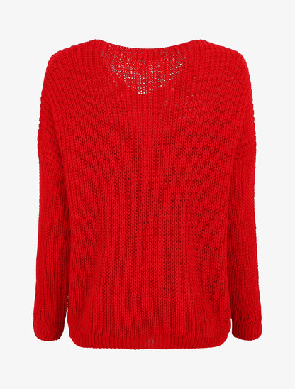 Pull uni à col V et torsade - Rouge - 2