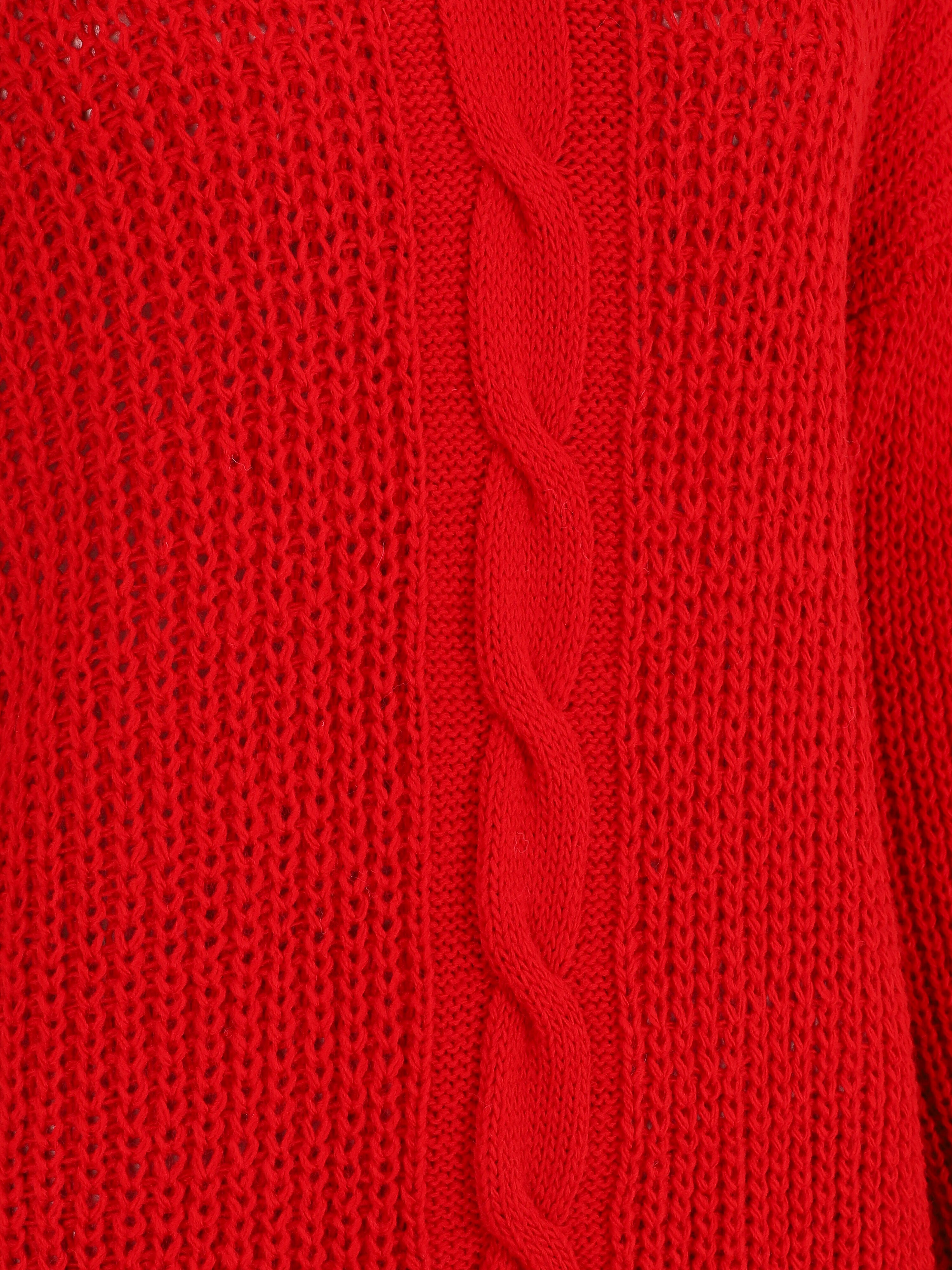 Pull uni à col V et torsade - Rouge - 3