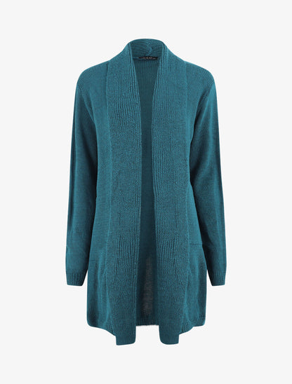 Gilet mi-long ouvert en maille - Bleu canard - 1