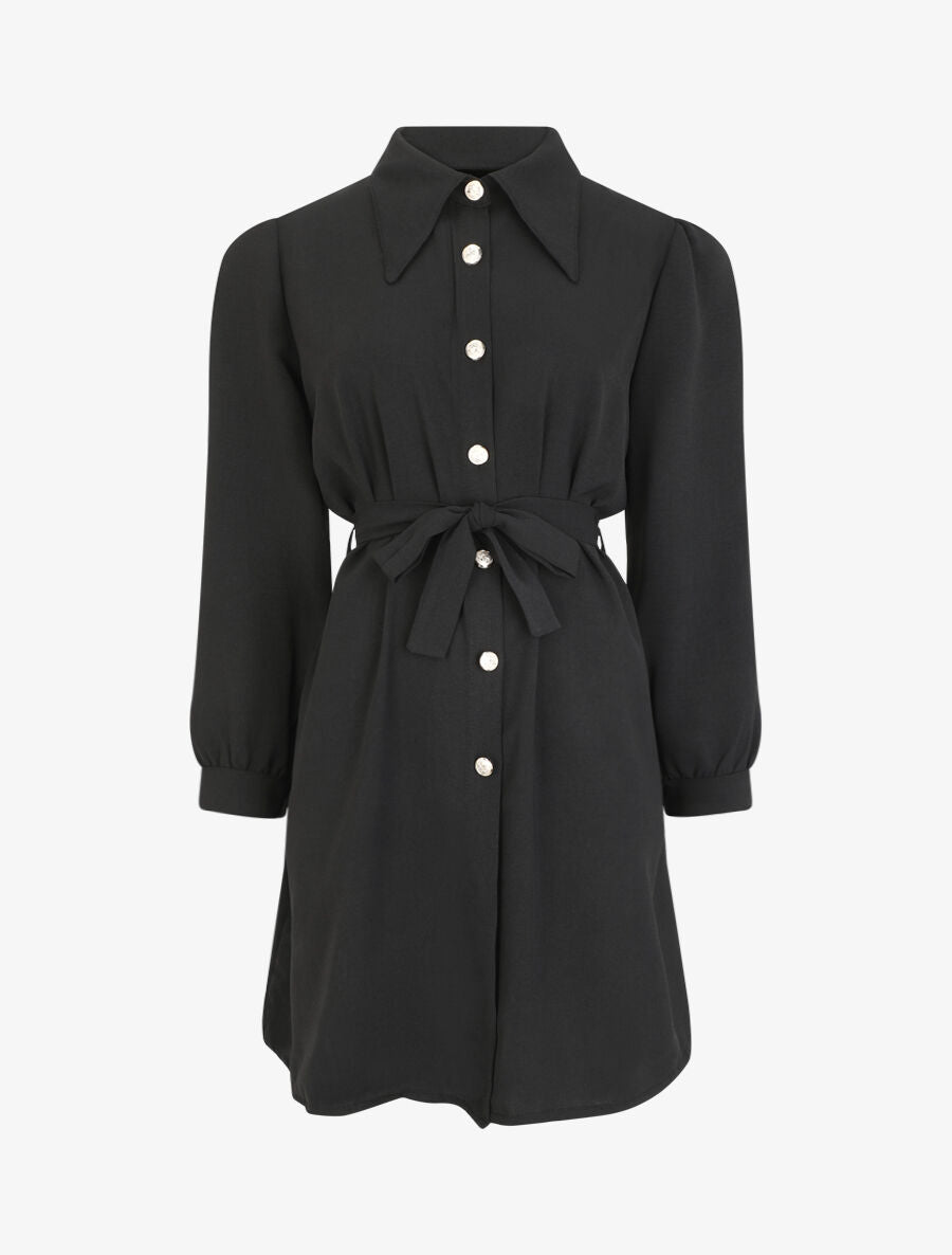 Robe chemise unie à manches longues - Noir - 1