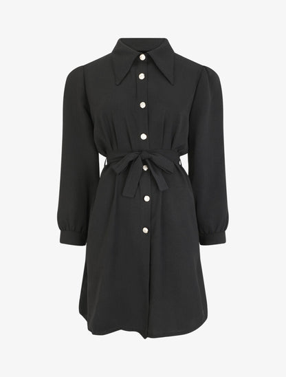 Robe chemise unie à manches longues - Noir - 1