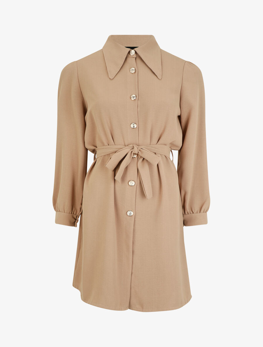 Robe chemise unie à manches longues - Beige - 4