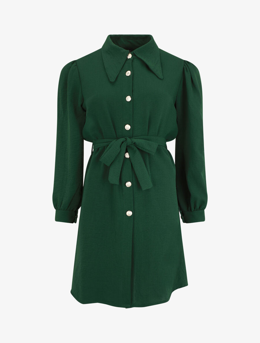 Robe chemise unie à manches longues - Vert - 4