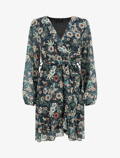 Robe à volants imprimé fleurs baroques - Bleu foncé - 1