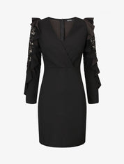 Robe unie à manches longues volantées en dentelle - Noir - 1