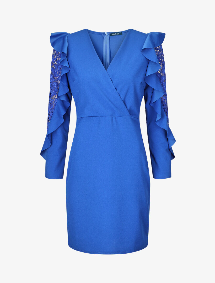 Robe unie à manches longues volantées en dentelle - Bleu roi - 1