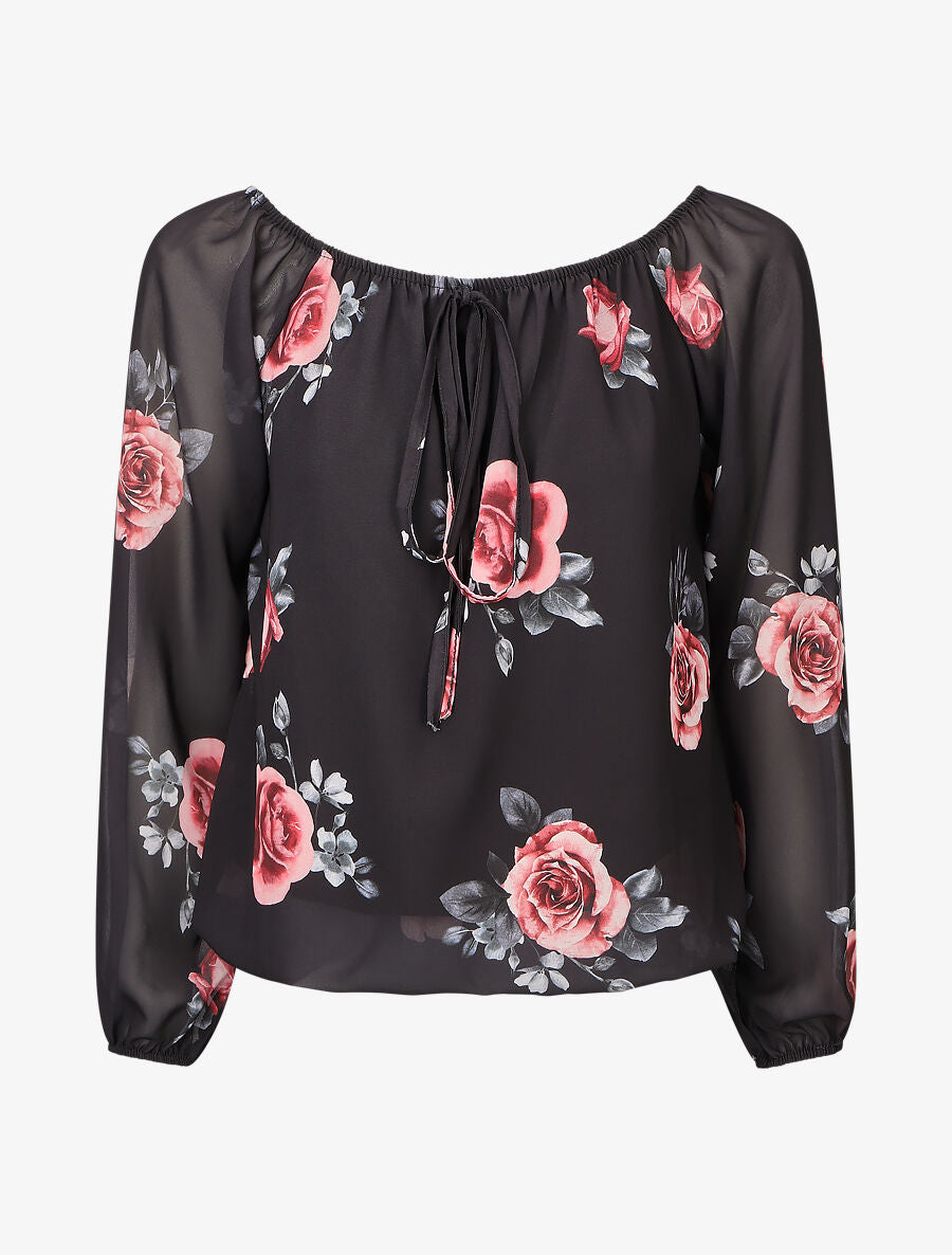 Blouse imprimé grandes fleurs à manches transparentes - Noir - 4