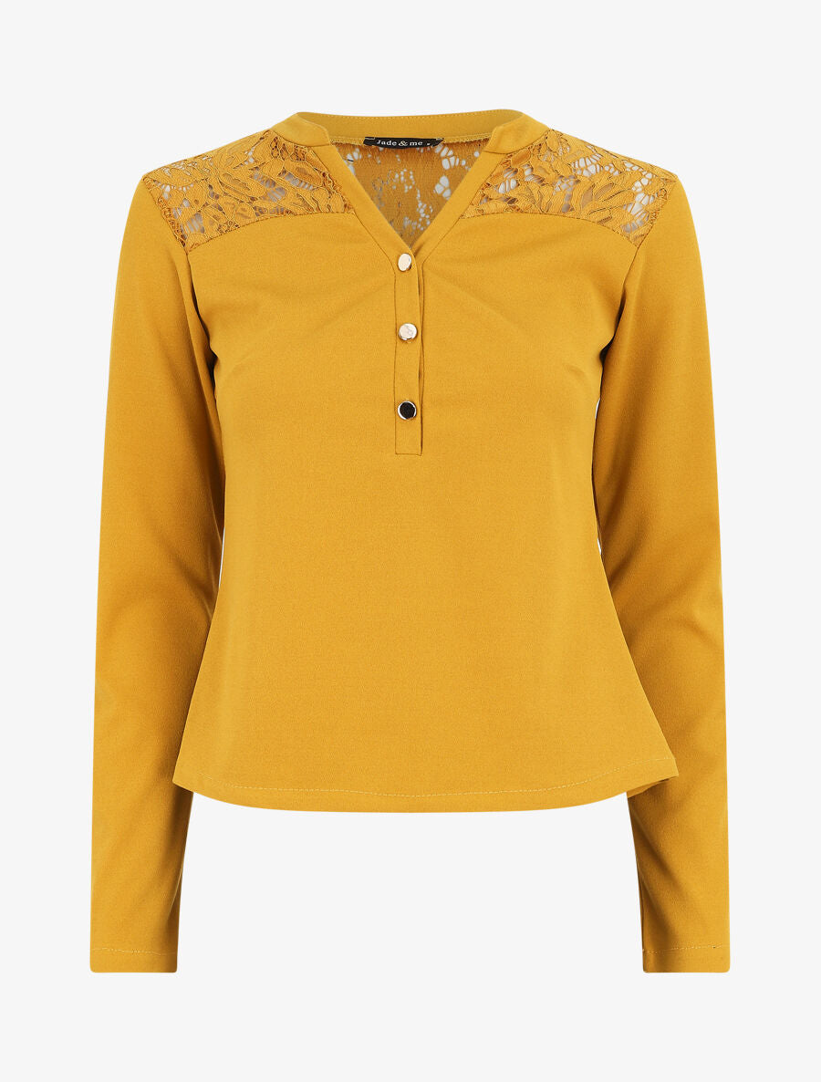 Blouse unie à dentelle - Moutarde - 1